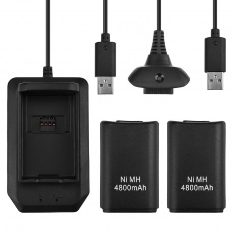 Set de dos baterías recargables, estación de carga y cable para Xbox360 color negro