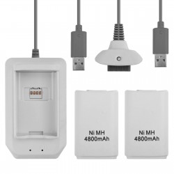 Set de dos baterías recargables, estación de carga y cable para Xbox360 color blanco